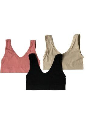 KATHY IRELAND 3 Pack Ribbed Stretch Bralette Black Blush Pink V Neck S Layering